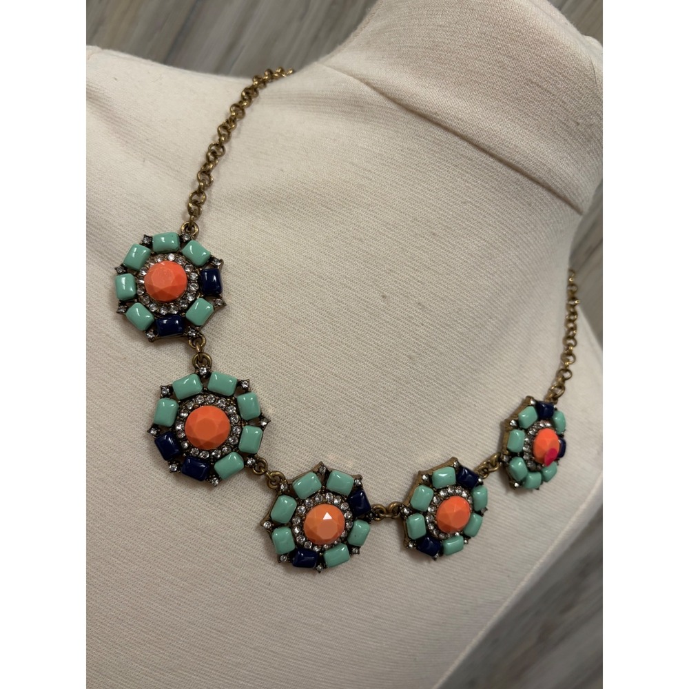 J.Crew Floral Medallion Statement Necklace Orange Mint Navy Gold Tone Crystal